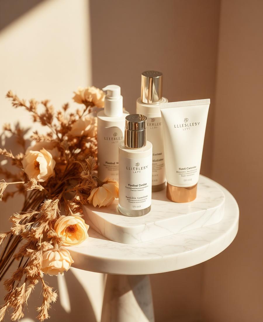 Luxury beauty products displayed on a marble pedestal