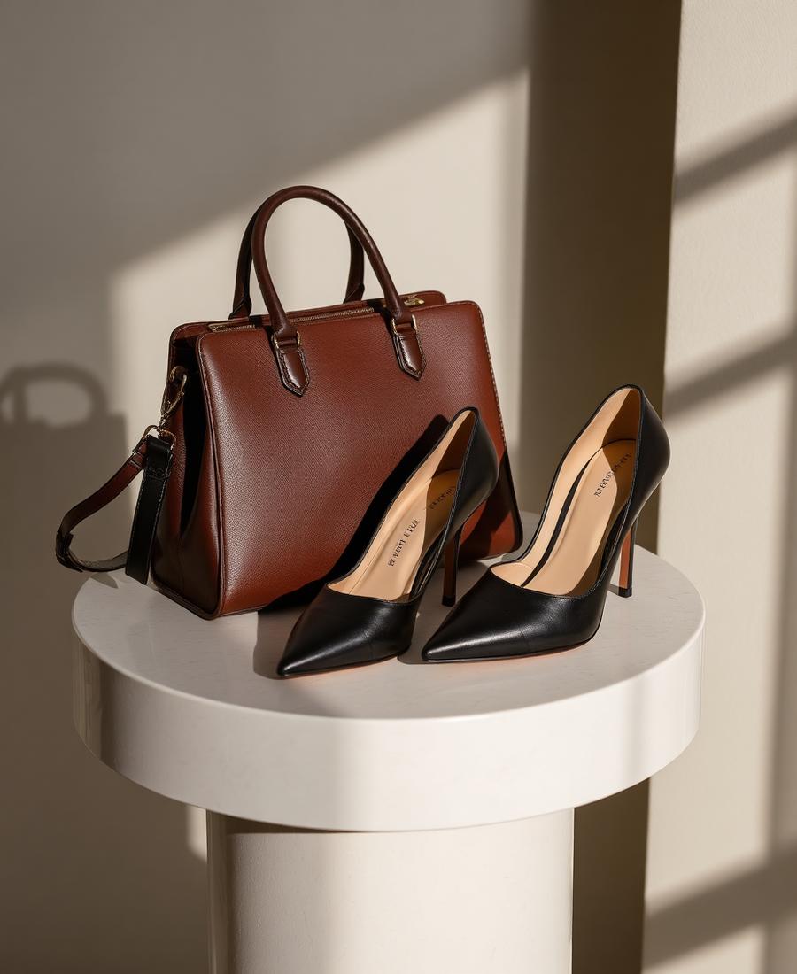 Designer heels and leather handbag on a cream plinth