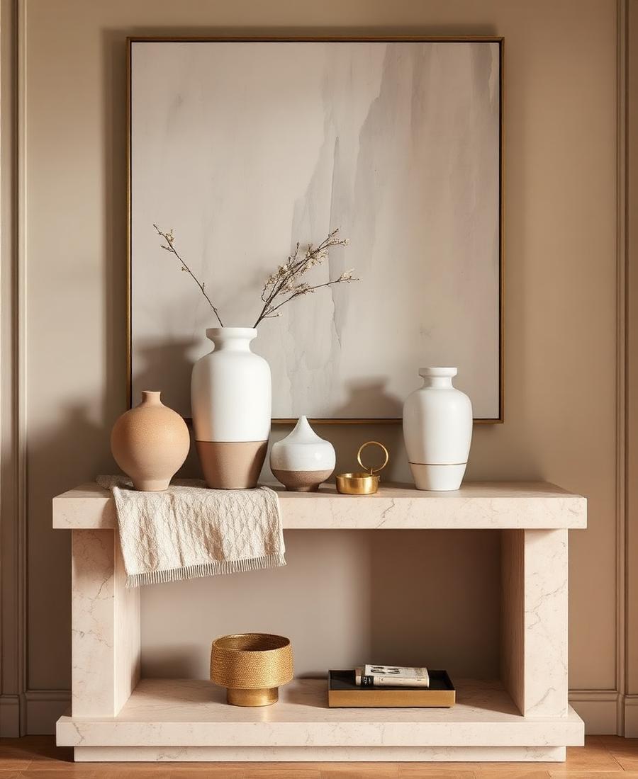 Ceramic vases and brass objects on a stone console