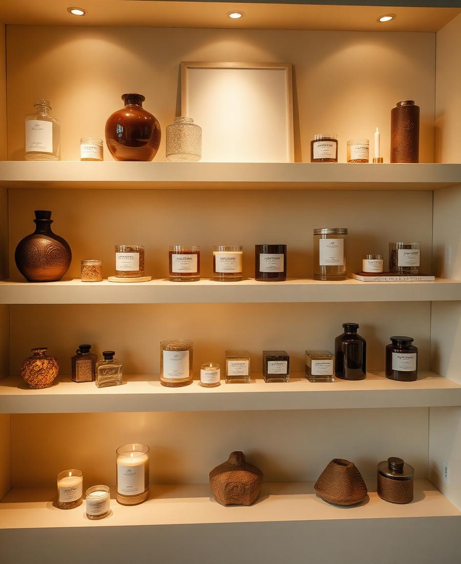 Curated lifestyle objects and candles on ivory shelving