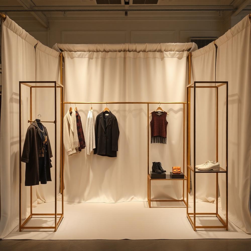 Pop-up exhibition booth with brass display frames and cream drapes